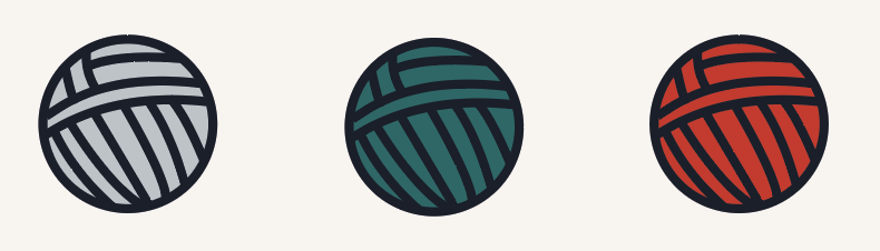 Drie kleurrijke garenballen in grijs, teal en rood op een lichte achtergrond.