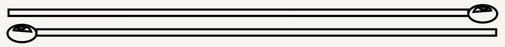 Simple graphic representation of two knitting needles with a thread in a straight line, with a dotted line connecting the thread between the two needles.