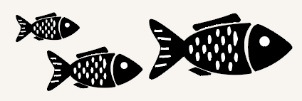 Drie zwarte vissen in verschillende groottes met witte stippen op hun lichaam.