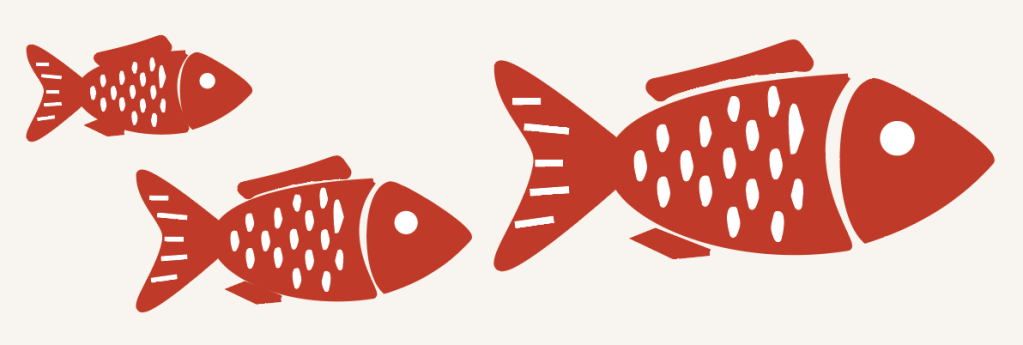Three stylized red fish of varying sizes swimming from left to right on a light background.